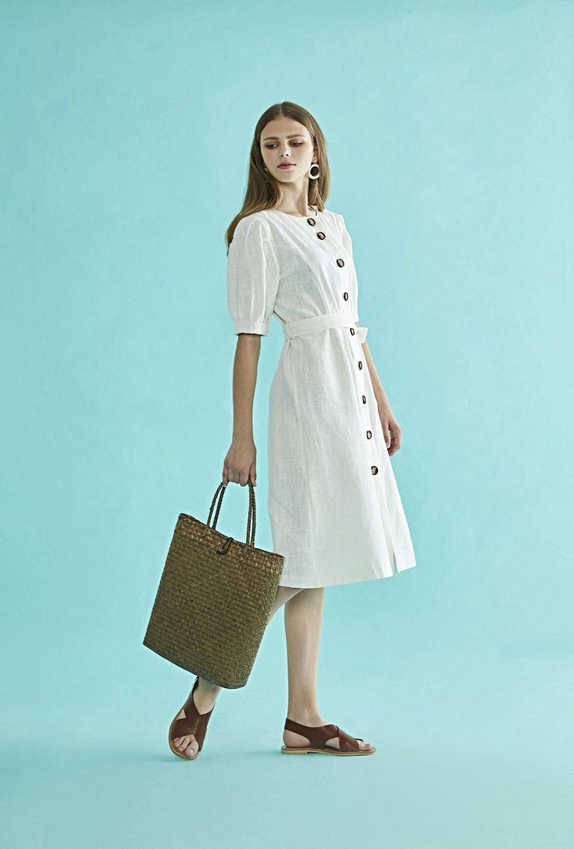 Button White Belted Dress Harvest Beauty Parisian Style feminine