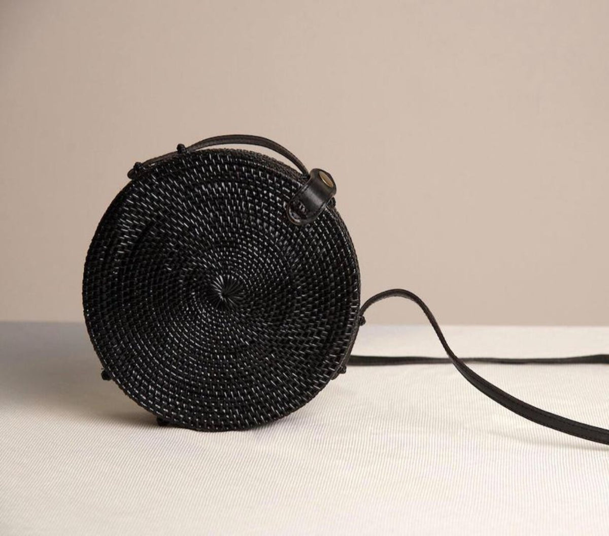 Beautiful handmade Harvest Beauty Black Round Rattan Straw lined Bag