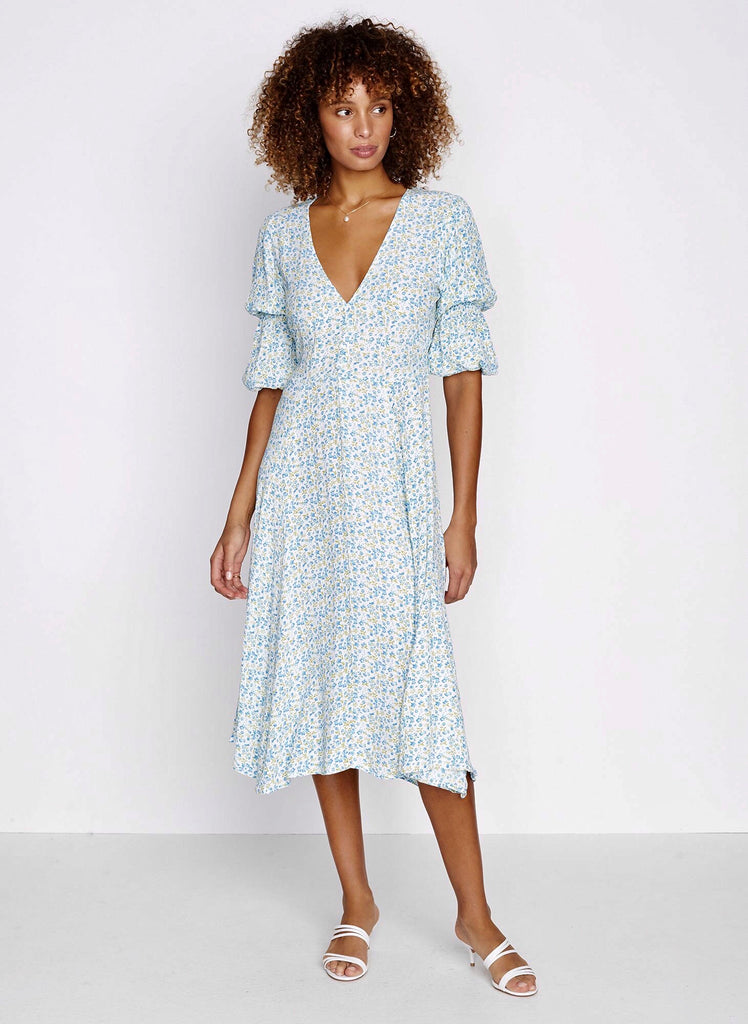 faithfull the brand maud midi dress Faithfull the Brand Maud Midi Dress Tilde Floral Blue Green Rayon Crepe Size 2